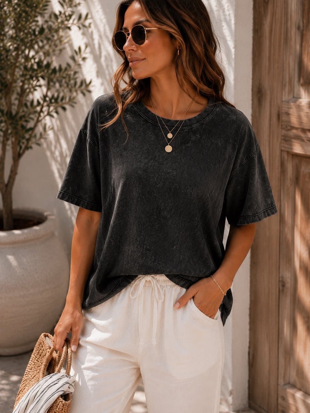 NWOT Zenana Washed Black Short Sleeve Women's Tee - Relaxed Crew Neck